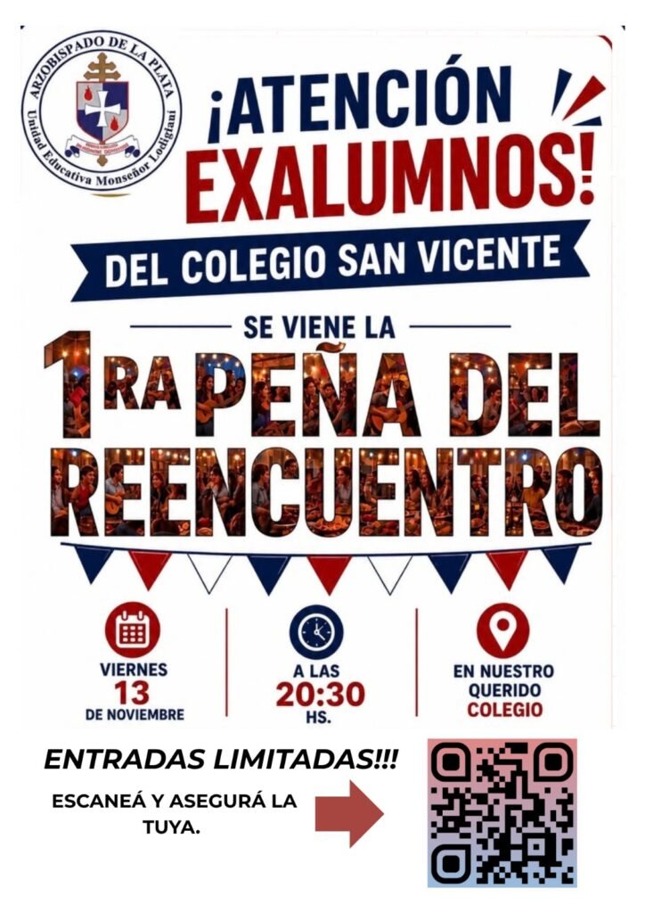 El próximo viernes 13 de noviembre, a partir de las 20:30, se realizará una nueva edición de la Peña de Exalumnos del Colegio San Vicente, una propuesta pensada para reunir a quienes formaron parte de la comunidad educativa a lo largo de los años.